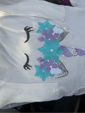 Girls White Sequin Unicorn Sweater with Aqua & Lavender Accents